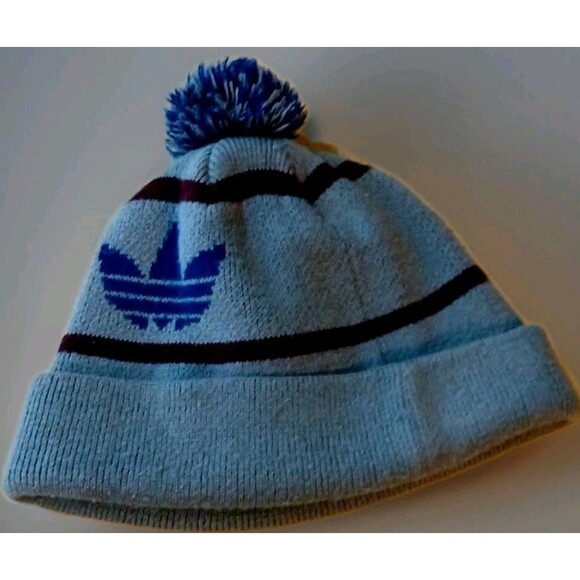 Adidas Pom Beanie Gray Blue Burgundy Knit Hat OS Y2K Streetwear Retro EUC - Picture 3 of 6